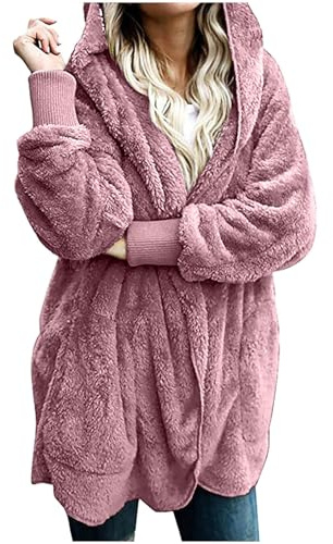 Teddy Fleece Jacket Women Winter Fluffy Coat Plain Cozy Fuzzy Sherpa Hoodie Front Open Warm Plush Cardigan Ladies Jumper Solid Color Hooded Overcoat with Pockets Plus Size S-5XL