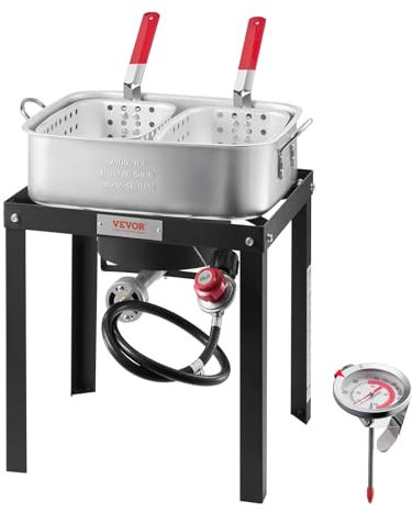 VEVOR Friggitrice per pesci e ali 13,27 l, kit di friggitrice a propano in alluminio, friggitrice esterna per frutti di mare con termometro, doppio cestello e bruciatori al propano da 58000 BTU, per