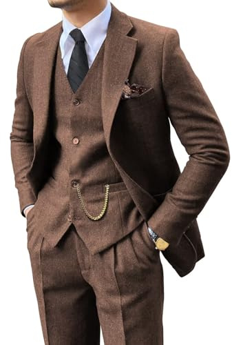 Retro Tweed Men Suits Herringbone Casual 3 Pieces Wedding Party Suit Set Prom Formal Tuxedo Wool Blend Slim Fit Blazer Sets Brown XL