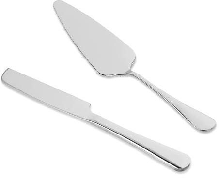 Cake Cutting Set for Wedding, Stainless Steel Cake Knife and Server with Anti-Rust 410 Grade, 2pcs Set for Cake, Pie, Pizza, Silver
