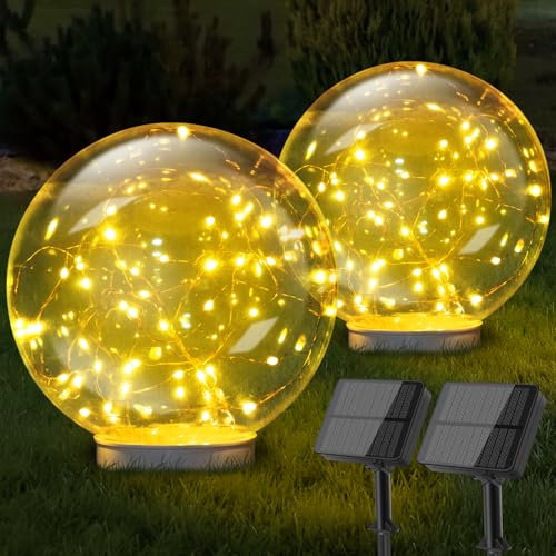 Bowfar Solarlampen für Außen Kugel, Solarkugeln für Außen Winterfest 2 Stück Solar Gartenleuchten Kugelleuchten mit 40LED Lichterkette, Solarleuchten mit Erdspieß für Outdoor Rasen Garten Deko Ø 20cm