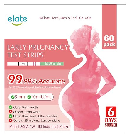 Elate Early Detection Pregnancy Test Strips HCG Early Result 6-Days Sooner, 60 Count Bulk, Ultra-Sensitive 10mIU/mL, 99.99% Accurate, Easy Home Use, 5mm