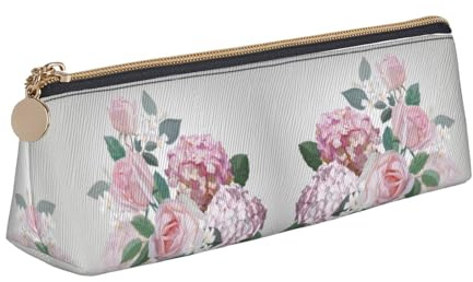 NBHDZENGW Pink Hydrangea Rose Cute Triangle Leather Pencil Case with Smooth Zipper,Stylish Durable Pouch for School,Office,Travel-Lightweight Full Print Stationery Holder