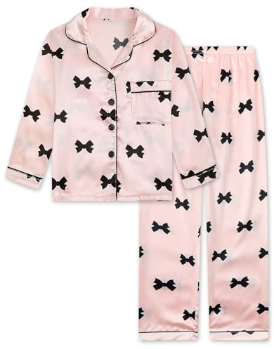 JiAmy Pigiama da bambina a maniche lunghe, set estivo per bambini, in raso, 2 pezzi, con bottoni, per adolescenti, biancheria da notte con stampa, età 8-12, Colore: rosa., 9-10 Jahre