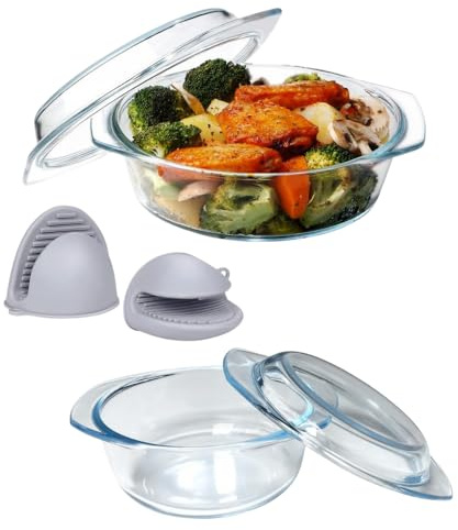 Winder Home oval liten ugnsform glas med lock 1 l silikonbakhandskar, lasagne glas ugnsform, 17 x 20 x 7 cm, lasagneform 1 person, temperaturbeständig