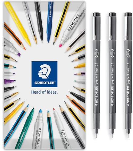 STAEDTLER 308 Pigment Liner Fineliner-penna – perfekt för att skriva, skissa, teknisk ritning, markera – svart bläck – i kuvert presentförpackning – paket med 3 (ultrafin 0,1 mm)
