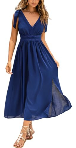 CUPSHE Robe d'été pour femme - Col en V plongeant - Épaules nouées - Déco - Taille smockée - Robe longue décontractée - Robe de soleil pour invités de mariage
