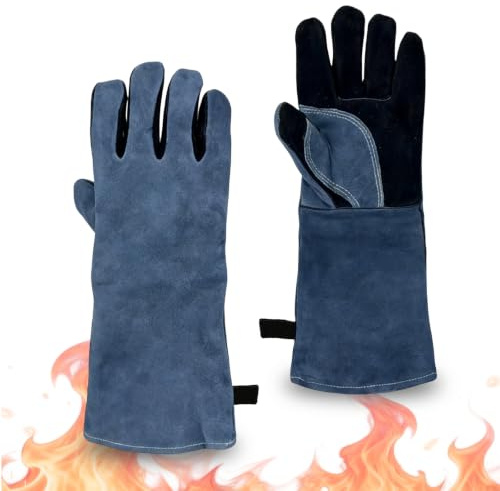 1 Paio Guanti da Barbecue in Pelle, Resistenti al Calore e Ignifughi, Guanti da Forno Anti Calore per BBQ, Griglia, Saldatura, Stufa, Camino, Forno e Cucina, 40x20 cm, Grigio