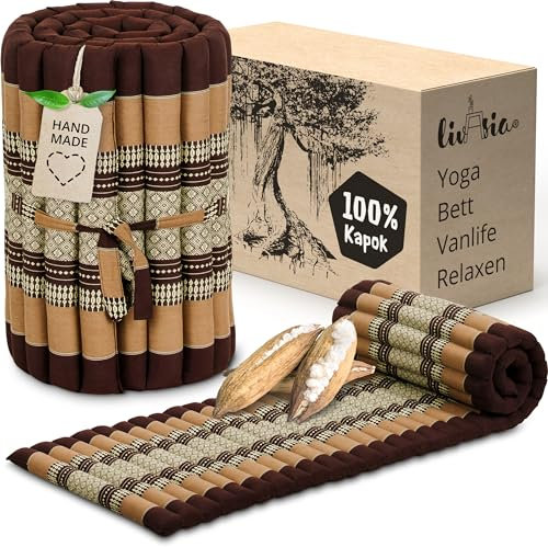 livasia Rollmatte Rollmatratze S schmal - 200x50x4,5cm - Gästebett Gästematratze 1 Person mit Muster, Reisebett Kofferraum Outdoor, Thaimatte Kapok für Garten Balkon handgefertigt (Braun)