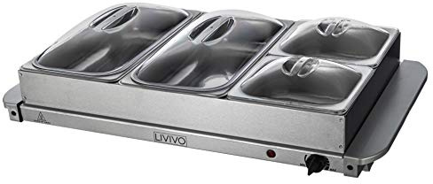 Fineway Electric Buffet Server 4 Tray Hotplate Food Warmer - 4 Removable Sections & Adjustable Temperature Thermostat Control - with Warming Plate Function - Ideal for Kitchen Hot Buffets Barbecues