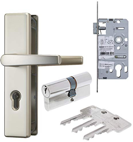 ToniTec ABUS Türbeschlag Set aus Schutzgarnitur DR/DR neusilber Einsteckschloss Türzylinder A93 30/35 mm inkl. 3 Schlüssel als Grundausstattung für Wohnungseingangstür
