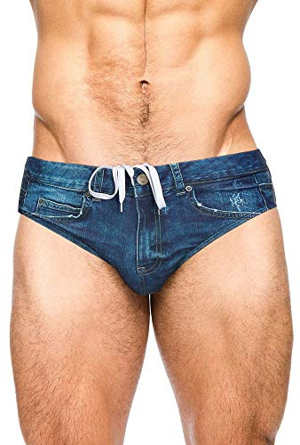 PJ PAUL JONES Men's Swimsuit Briefs Denim Print Swim Brief with Drawstring Waist Navy Blue L