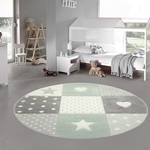 Teppich-Traum Kinderzimmer Teppich Spiel & Baby Teppich Herz Stern Punkte Design Grün Grau Creme Größe 120 cm rund