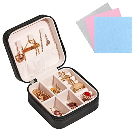 FuninCrea Jewellery Box Organiser for Women, Mini PU Leather Travel Jewelry Storage Case with 3pcs Silver Cloth for Rings Earrings Necklace, Portable Jewelry Case for Girl, Wife, Mother (black)
