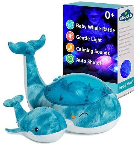 Cloud B Calmante Proyector de Fondo Marino con Sonidos relajantes | Brillo y Velocidad de Movimiento Ajustables | Apagado automático | Luz Nocturna Musical Ballena Tranquil Whale Family - Azul