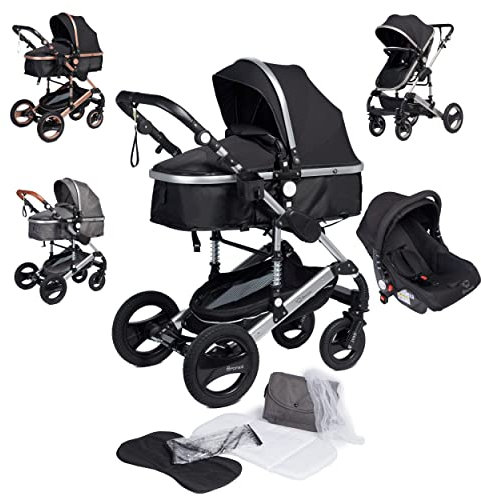 Bronea EXQUISE Kombi-Kinderwagen 3 in 1 Inkl. MATRATZE, Buggy, Auto-Babyschale, Zusammenklappbar mit Wickeltasche, Regenschutz, Mückenschutz & Sonnenschutz - Schwarz/Silver