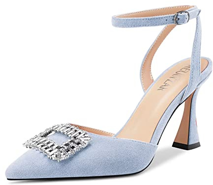 HEUIVZAR Mujer Alto High Chunky Ancho Heel Puntiaguada Punta Sandalias Correa Tobillo Diamante Cristal Cierre con Hebilla de Boda Dress Zapatos Azul Claro 36 EU