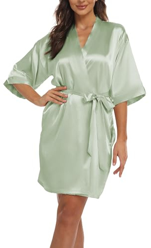 Teemie Bata Mujer Satén Seda Kimono Novia Dama Boda Albornoz Sexy Camisón Verano Ropa Vestido Batas Dormir Vestir Comodo Albornoces Lencería Casa Pijamas Cinturón Bolsillos Despedida Soltera Verde XXL