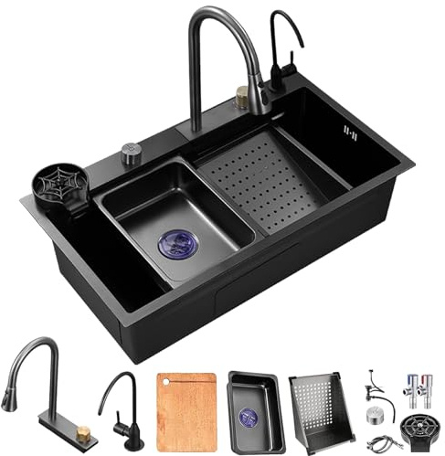 Kök Tvättställ svart grå rostfritt stål Vattenfall arbetsstation med flera tillbehör (Color : Black-Gray, S : 75x45x21cm)