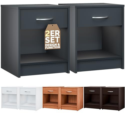 CASARIA® Set 2 Mesitas de Noche con Cajón 50x40x35cm para Cama Mueble Dormitorio Mesilla de Noche Mesa Auxiliar Compartimento Abierto Asa Cromada