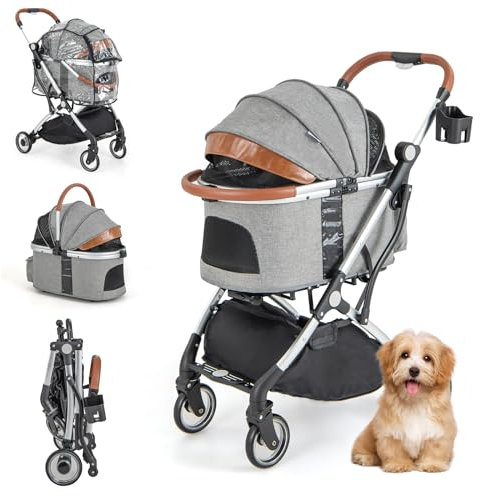 GYMAX Cochecito para Perros y Gatos Plegable 2 en 1, Carrito para Perros Pequeños con 360° Ruedas, Cesta de Almacenaje, Capacidad de carga 15 kg, 78 x 47,5 x 105 cm, Gris