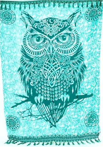 GURU SHOP Bali Batik Sarongkleid, Wickelrock, Sarong, Strand Tuch, Wandtuch - Eule/grün, Herren/Damen, Synthetisch, 160x100 cm