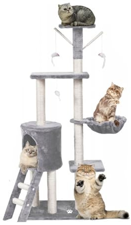 Kratzbaum mit Katzenliege Leiter 138 cm XL Grau Mehrstöckiger Kletterbaum