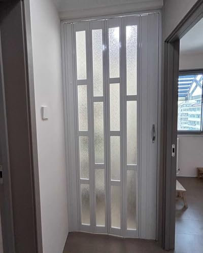 ZIMGOD Concertina Door Retractable Accordion Screen Door for Internal Hallway, White PVC Folding Door with Frosted Acrylic Glass, Sliding Privacy Doors Partition Gate(25x39in (63.5x100cm))