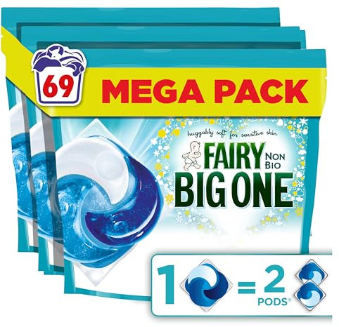 Fairy Non Bio The Big One PODS®, Washing Liquid Laundry Detergent Capasules, 69 Washes (3x23), 2X Stain Removal, Huggably Soft For Sensitive Skin