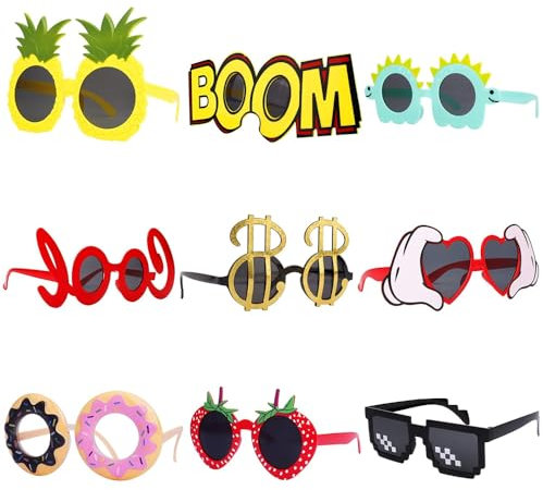 SKIKHN Party Brille, 9 Paar Lustige Sonnenbrille, Lustige Hawaiianische Brillen, Party Sonnenbrille für Strand Thema, Fotoautomaten-Requisiten, Partyzubehör für Kinder, Jugendliche, Erwachsene (A)