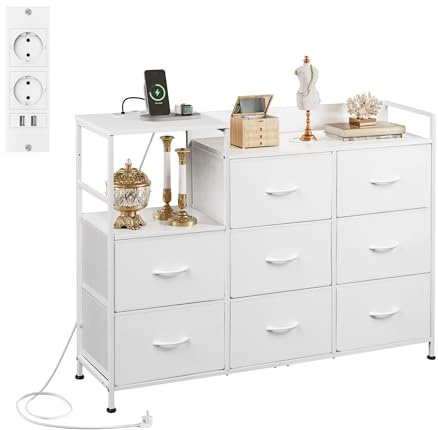 WLIVE Kommode mit Schubladen, 2 USB & 2 AC-Anschlüssen, 8 Schubladen aus Stoff - Geeignet für Multifunktionaler Schubladenschrank für Schlafzimmer und Wohnzimmer, Weiß