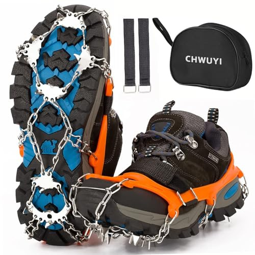Grödel Steigeisen für Wanderschuhe, Spikes für Schuhe Winter Steigeisen Bergschuhe mit 19 Zähne Verdickte Schuhkrallen aus Anti-Rutsch Schuhspikes für Walking, Joggen (Orange, L)