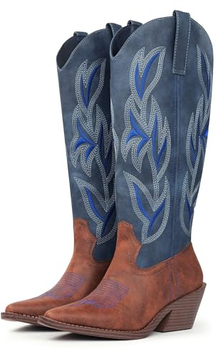 Hawkwell Bottes de Cowboy pour Femme Hautes – Santiags à Talon Bloc avec Broderies – Bottes Western en Simili Cuir avec Fermeture Éclair, Style Rétro Country