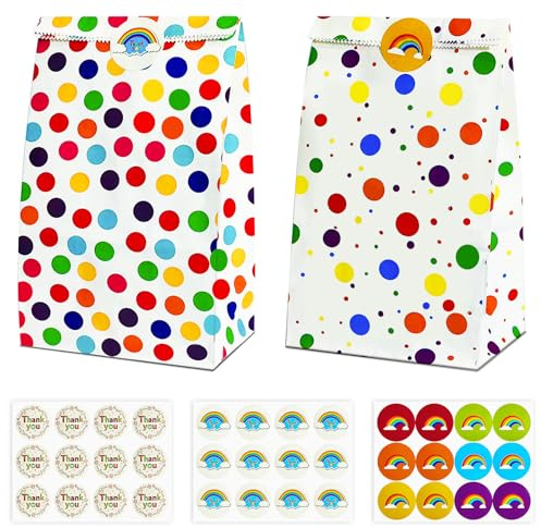 Sacchetti di Carta 20 Pezzi, Sacchetti Regalo con 40 Adesivi, Sacchettini Compleanno Bambini, Sacchetto Caramelle, Buste Regalo Kraft per Confezionare Regali, Natale, Matrimoni, Festa 24x17x8 cm