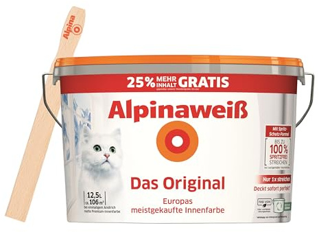 Alpinaweiß Das Original – optimal deckende und ergiebige weiße Wandfarbe – mit Spritz-Schutz-Formel – 12,5 Liter inkl. gratis Rührholz