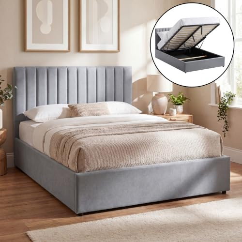 Vida Designs Vellaro Double Ottoman Fabric Bed Frame | Light Grey Linen | 103H x 146W x 200.5D cm (4ft6) | Hydraulic Gas-Lift | Lift Up Storage | Slatted Base | Minimalist Furniture