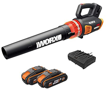 WORX WG584E Akku Laubbläser 40V – leistungsstarker Bürstenloser Motor – Turbinen Technologie - 145km/h Luftgeschwindigkeit -12m³/min Luftmenge – leicht & kompakt – inkl. 2x2Ah Akkus & Ladegerät