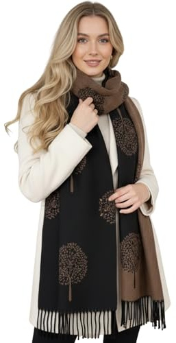 Cashmere Tree of Life Blanket Scarf - Reversible Pashmina Shawl, Winter Wrap, Warm Scarf, Ladies Long Wrap, Women's Gift (Black)