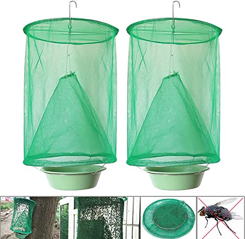 Niooce 2 Stück Ranch Fliegenfalle Hängender Fliegenfänger mit Futterköderschale für Wohngebiete, Gärten, Ranchfarmen, Grün