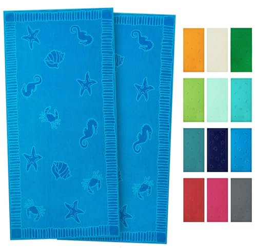 ZOLLNER Strandtuch - hautfreundliches und saugstarkes Handtuch in 100x200 cm - waschbar bis 60°C - Baumwolle in hellblau - eingewebte Meerestiermotive - Oeko Tex® Zertifiziert