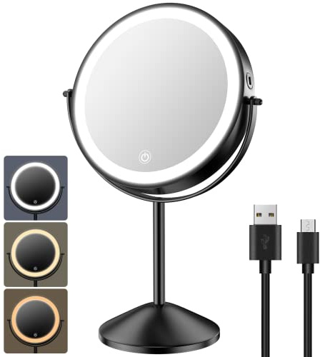Benbilry 8 Inch Lighted Makeup Vanity Mirror with Lights 3 Color Dimmable, 1X/10X Magnifying Rechargeable Double Sided Light Up Cosmetic Mirror, 360° Swivel Cordless Standing, Black