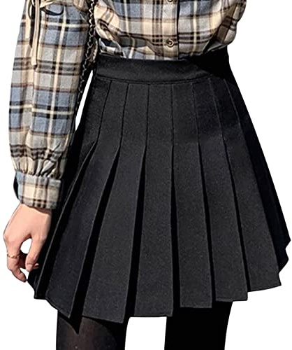DRESHOW Rétro Jupe Basique Elastique évasée Mini Jupe Plissée Patineuse Décontractée Pour Femmes Filles, Pleated Mini Skirt 04-Black, M