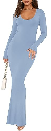 REORIA Women's Sexy Casual Scoop Neck Long Sleeve Lounge Long Dress Elegant Fall Wedding Guest Tight Ribbed Bodycon Maxi Dresses Blue Large