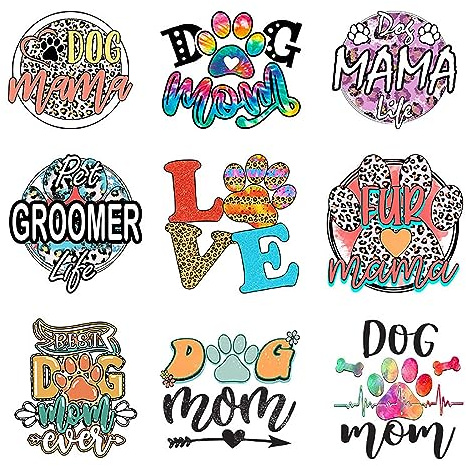 9Pcs Dog Mom Iron On Decals for Clothing Women DIY Heat Transfer Stickers for Clothes T-Shirt Thermal Transfers Applique