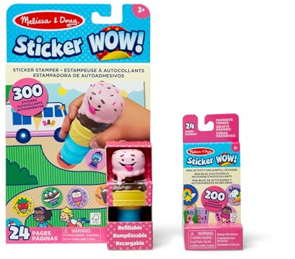 Melissa & Doug Sticker Wow!™ Pacchetto Gelato: Blocco attività e Timbratore di Adesivi + Mini Blocco attività e 200 Adesivi di Ricarica