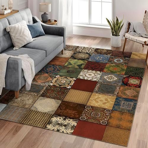 Tapis Patchwork de carrés colorés terreux Moelleux Premium - Ultra Doux, Antidérapant, Lavable, pour Salon, Chambre à Coucher, Enfant Décoration D'intérieur 120cm x 180cm