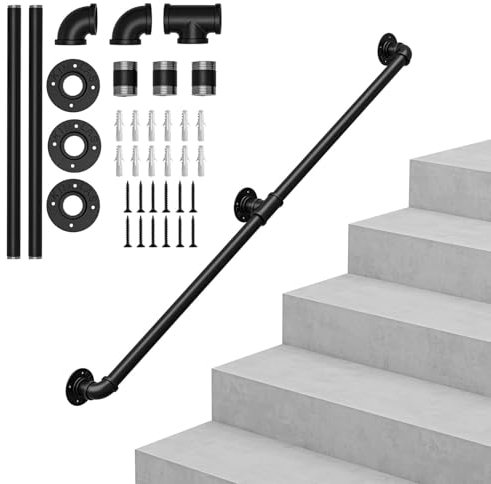 OUNUO Handlauf Treppengeländer Geländer Wandhandlauf Wandhalterung Innen & Außen, Rund Ø32mm, für Treppen Brüstung Balkon, Schwarz, 180cm