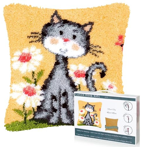 EsLuker.ly Katze Knüpfkissen Set Zum Selber Knüpfen für Erwachsene und Anfänger, DIY Kissenbezug mit Knüpfhaken-Set Latch Hook Cushion Kit, Kreatives Basteln Ideal für Home Decor 43x43cm