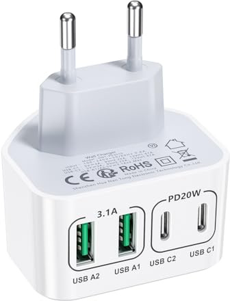 USBC Laddare, 40W 4 Portar (2USBC+2USBA) Snabbladdare, Platt Kompakt Platsbesparande USBC Nätadapter, Väggladdare för Trånga Utrymmen, Kompatibel med iPhone 16/15/14, Samsung S25/S24/S23, Mobiltelefon