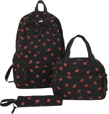 Makukke Kawaii Girls' School Backpack - Adorable Strawberry Corduroy 3-in-1 School Bookbag with Fleece Lunch Box & Pencil Case for Age 8-10